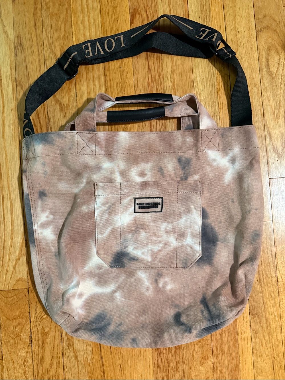 Canvas Tote Bag in Beige Tie-Dye with Black Strap